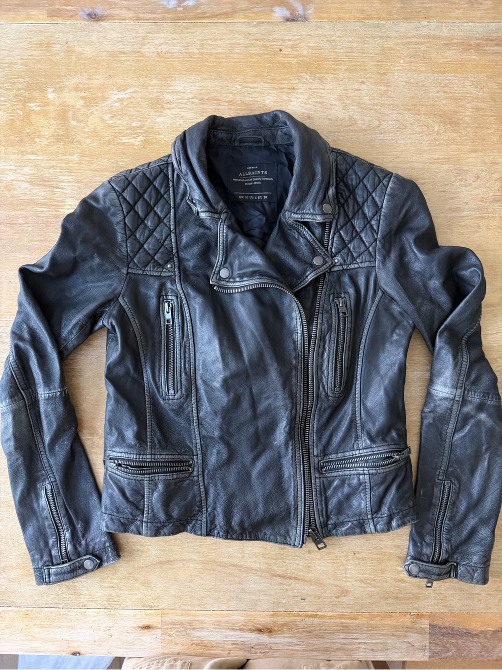 All Saints Black Quilted Shoulder Leather Biker Jacket